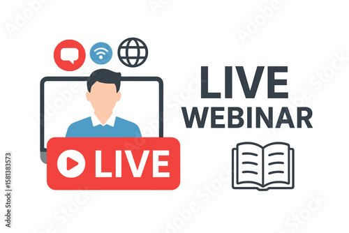 Live webinar conference concept with presenter silhouette on monitor, live streaming play button, chat and globe icons, open book seminar symbol. Educational vector illustration