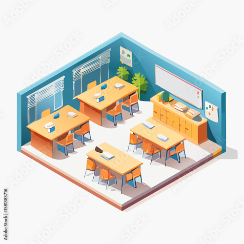 isometric view of a modern classroom building with books