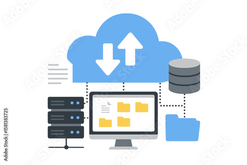 Online cloud computing infrastructure with web hosting servers and database storage. File management and document database in data center. Cloud storage upload download and transfer.