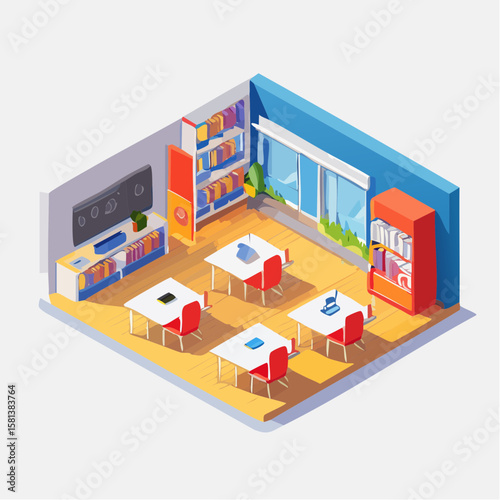 isometric view of a modern classroom building with books