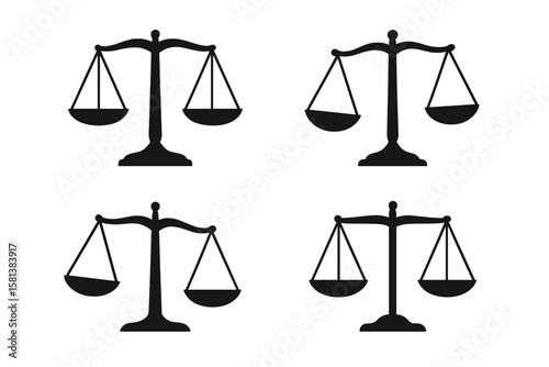 "Set of 4 Black Scales Icons. Libra Symbol. Justice Concept. Balanced and Unbalanced Scales. Vector Illustration of Legal Scales. Law and Equality Symbol."