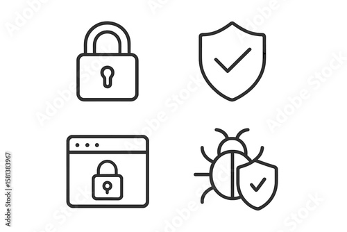 "Set of 4 Cyber Security and Internet Protection Icons in Line Style for Web and Mobile App - Secure Lock, Shield, Browser Lock, and Bug Protection"