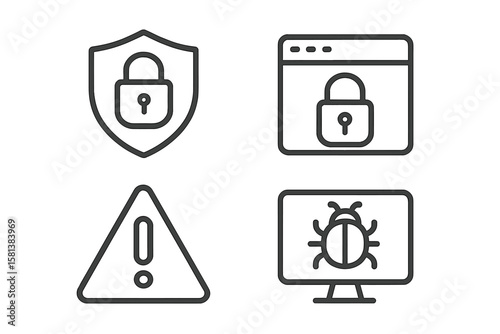 Security Set of 4 Web Icons in Line Style for Cybersecurity and Internet Protection. Lock, Shield, Alert, Bug Icons for Web and Mobile Applications. Vector Illustration on Transparent Background.