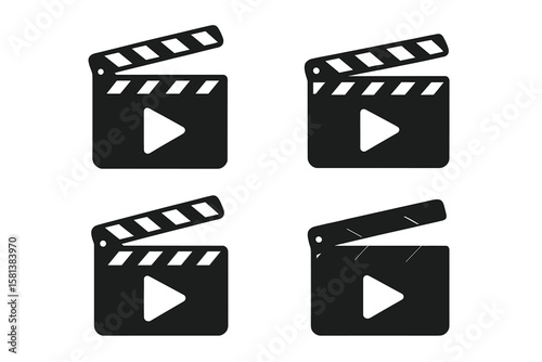 Set of 4 Black Clapperboard Icons with Play Button in Flat Style, Filmmaking, Video Production, Movie Making, Cinema, Film Industry, Entertainment