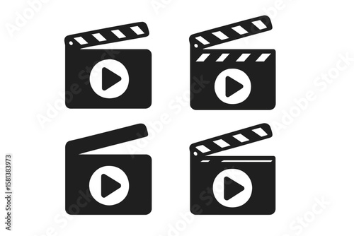 Set of 4 Black Clapperboard Icons with Play Button, Film Making, Movie Production, and Video Editing Flat Style Vector Illustration