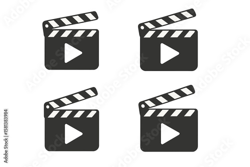 Set of 4 Black Clapperboard Icons with Play Button in Flat Style for Filmmaking, Video Production, and Movie Industry Graphics. Vector Illustration for Media and Cinema