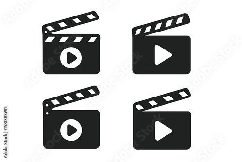 Set of 4 black clapperboard icons with play buttons in flat style, filmmaking video production symbols, movie making, video editing, film industry vector illustration.