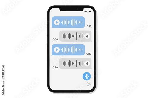 Smartphone with voice messages on screen. Audio message chat interface. Modern communication, online messaging, mobile social media, voice note, messenger app UI design concept