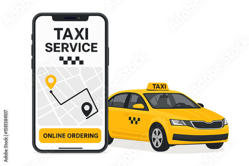 Taxi service app on smartphone screen with city map route and location points, online taxi ordering with yellow taxi car, digital transportation, urban travel