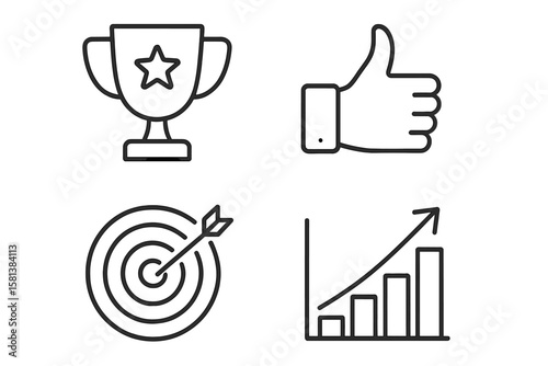 Success set of 4 web icons in line style, vector illustration on transparent background, trophy, thumbs up, target with arrow, growth chart symbols for business and achievement