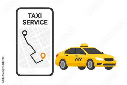 Taxi service app on smartphone screen with city map, route, and location points, online taxi ordering, yellow taxi car, urban transport, mobile navigation, GPS tracking