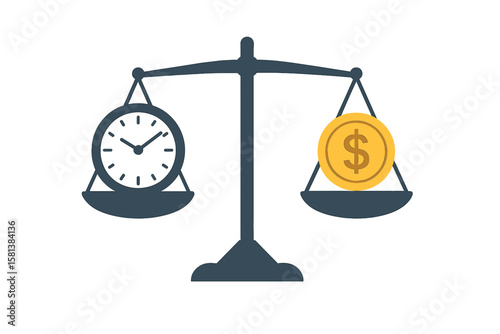 Time vs money on scales concept. Work-life balance metaphor. Investment value and financial priority choice. Business decision concept. Flat vector illustration on white background.