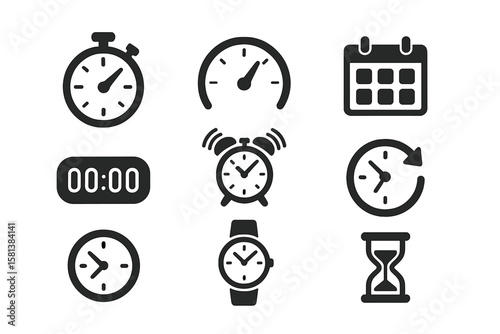 Time management icons set, timer, speedometer, date calendar, countdown, alarm clock, recovery, watch, clock, calendar symbols, simple vector icons for web and mobile app