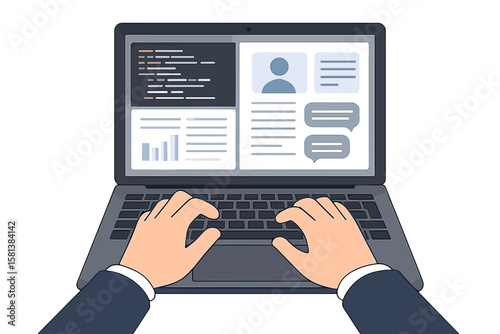 Top view hands typing laptop keyboard. Businessman working on computer. Coding, programming, online education, financial report, video conference, chat, multitasking concept.