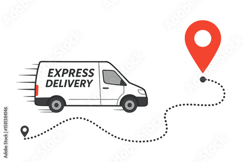 Express delivery van with fast shipping motion, dotted route line, and red location pin. Courier service, logistics, parcel tracking, online order shipping, transportation concept