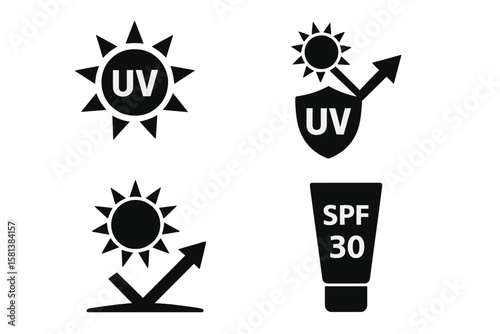 UV Protection Icon Set. Ultraviolet Radiation Symbol. Sun UV Protection Icons. SPF Sunscreen Vector Pictogram. Skincare Illustration. Cosmetic Sign. Sunblock, SPF 30, UV Rays, Sun Safety