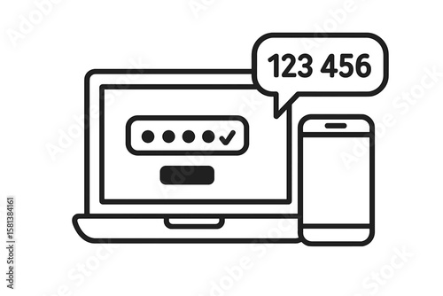 Two Factor Authentication Icon. Secure Login Verification Code via SMS. Multi-Factor Authentication, Account Protection, Password Security, Laptop and Smartphone Vector Illustration