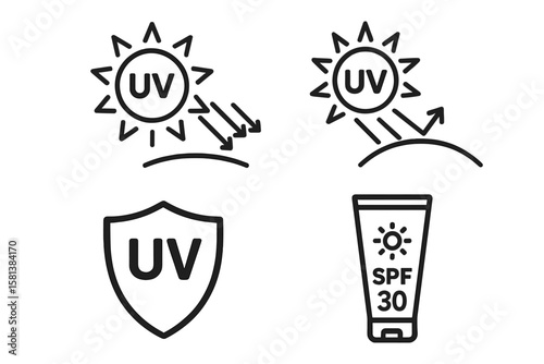 UV protection icon set, UV radiation symbol, ultraviolet sun protection icons, vector pictogram of sunscreen SPF, skincare illustration, cosmetics sign, sun safety, skin care