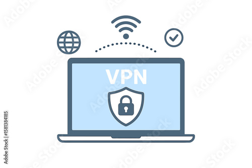VPN service on laptop screen. Virtual private network concept for cybersecurity, data protection, and secure web traffic. Internet security and online privacy technology.