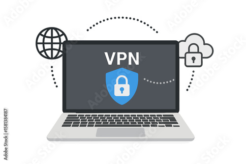 VPN service technology vector. Laptop with secure virtual private network connection. Concept for cyber security, data protection, internet privacy, safe web traffic access.