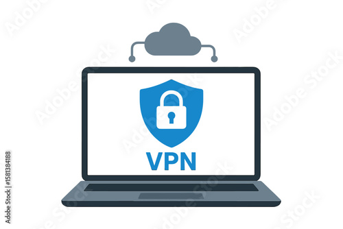VPN service secure connection concept. Laptop with virtual private network, cyber security, encrypted web traffic, data protection, internet privacy, online safety software