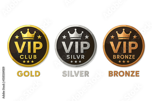 VIP club icons with crown and stars. Set of round labels for three membership levels in gold, silver, and bronze. Vector illustration for loyalty program, reward, and premium access.