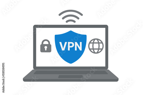 VPN service concept with laptop. Virtual private network for secure and private internet connection. Cybersecurity and data protection technology. Shield icon for online safety.