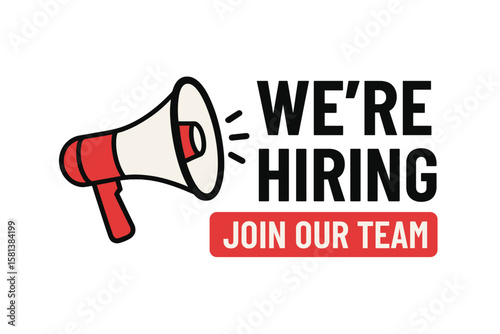We're hiring announcement with megaphone. Job vacancy, recruitment advertising banner design. Join our team concept for employment, human resources. Help wanted business sign.