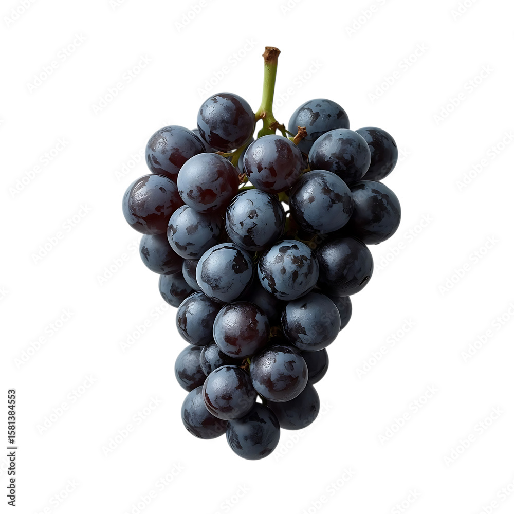Fototapeta premium A ripe bunch of dark purple grapes with a green stem isolated on transparent background