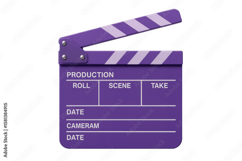 Obraz premium Purple movie clapperboard isolated on transparent background, ready for adding information about scene, take, roll, date, and camera