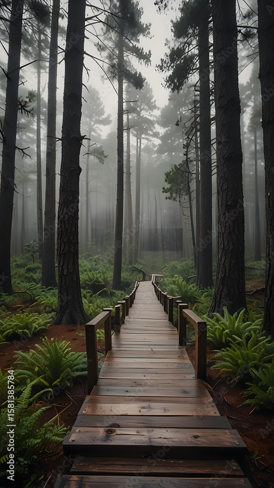 Obraz premium A winding forest path meanders through green woods, inviting a peaceful walk amidst nature's embrace