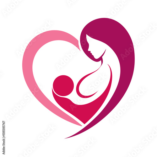 World Breastfeeding Week abstract symbol of mother breastfeeding baby, woman feeding newborn baby with breast milk. Heart shaped vector icon. 