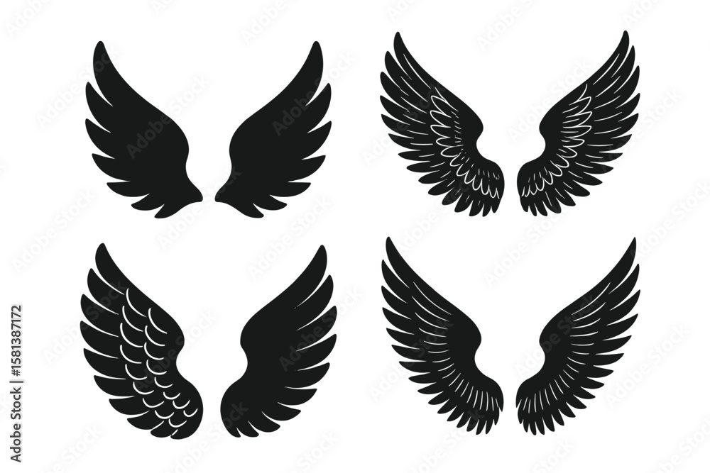 Black wings silhouette vector set. Angel wing icon collection for logo, emblem or tattoo design. Heraldic bird wings element. Freedom, heaven and power symbol illustration. Black wings silhouette vector set. Angel wing icon collection for logo, emblem or tattoo design. Heraldic bird wings element. Freedom, heaven and power symbol illustration.