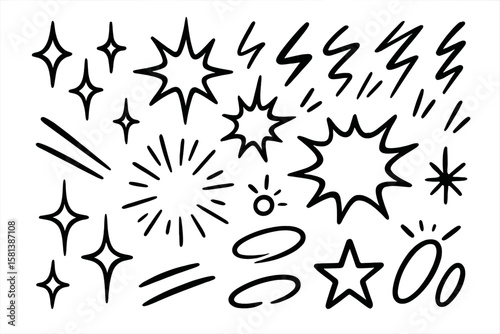 Hand drawn comic doodle set. Abstract graphic elements for emphasis. Sparkle, star, burst, explosion, lightning flash for manga and cartoon design. Minimal vector illustration.