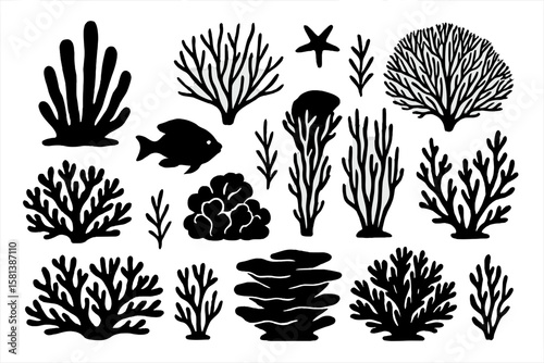 Coral reef vector set silhouettes. Black underwater marine life elements. Diverse ocean sea plants, fish, seaweed, starfish shapes for aquatic and environmental graphic design.
