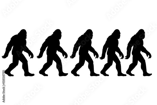 Bigfoot silhouette walking animation sprite. Sasquatch monster walk cycle. Mythical creature, ape-like man. Cryptozoology legend character design. Isolated vector graphic set.