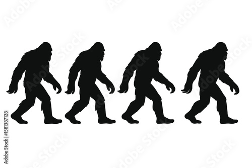 Bigfoot walking sequence silhouette. Sasquatch walk cycle animation frames. Mythical creature, ape-like monster icon for cryptozoology. Mystery legend vector illustration set.