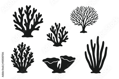 Black coral silhouette vector icon set. Diverse coral species illustration. Marine life, seaweed, and algae collection. Undersea, ocean, or aquarium nature elements isolated.