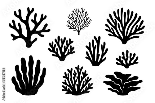 Coral silhouette vector set. Black ocean reef plant & animal shapes. Seaweed & underwater marine life icons. Aquarium decoration elements. Abstract sea fauna collection isolated.