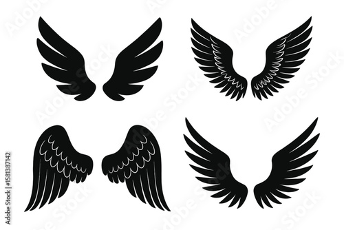 Black wings silhouette vector set of 4 for logo, emblem, badge design. Versatile for art, heraldry, animal symbolism. Angel, bird, freedom icon. Simple to detailed styles.