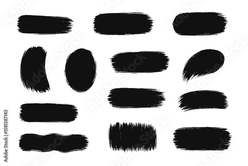 Black brush strokes collection. Abstract grunge artistic design elements. Hand drawn ink smear, paint splatter texture set. Dirty distress vector background shape variety.