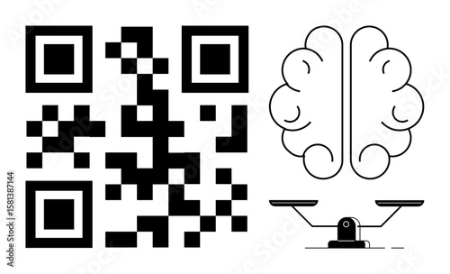 QR code next to brain outline and balance scale. Ideal for technology, intelligence, decision-making, balance, innovation, creativity, modern concepts. A simple flat metaphor