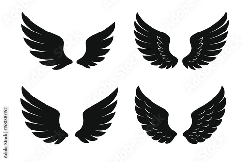 Vector set of black wing silhouettes. Angel, eagle, bird wings for logo, emblem, tattoo. Symbol of freedom, flight, power. Heraldry element. Isolated graphic icon collection.