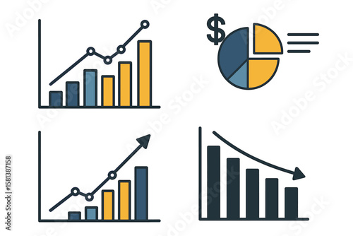 Set of business data visualization charts and graphs for financial analytics. Infographic elements showing market report statistics, money, profit growth and decline diagram.