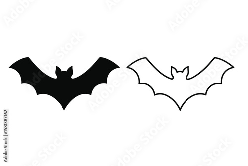 Bat silhouette and line art icon set. Halloween spooky scary horror symbol. Night creature, vampire animal pictogram. Black simple minimal flat vector graphic illustration.