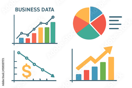 Set of business data charts and graphs for infographic design. Financial analytics report with statistics. Market data visualization elements showing profit growth and loss.