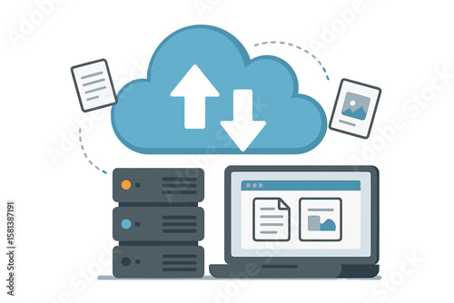 Cloud computing technology concept. Web hosting service with database server for documents and files. Cloud storage for data upload, download, and backup. Digital online service.