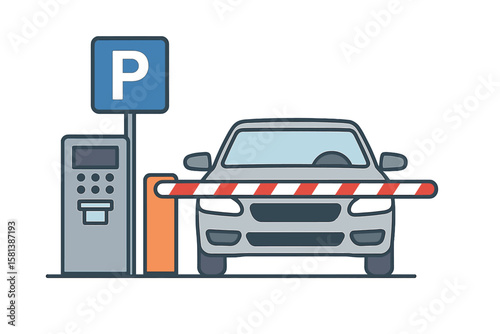 Car parking concept with payment system and barrier. Vehicle at entrance gate of a paid parking lot. Automatic access control with ticket machine. Vector illustration.