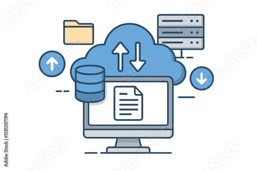 Cloud computing concept. Web hosting service. Database for documents and files on computer. Cloud storage for upload and download data. Backup and recovery. Digital service.