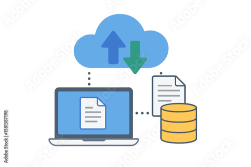 Cloud computing web hosting service concept. Database for documents and files on computer. Cloud storage for uploading and downloading data. Backup and recovery digital service.